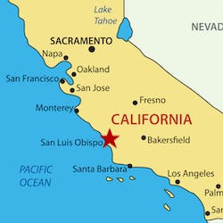 A map of California with a red star on San Luis Obispo, California