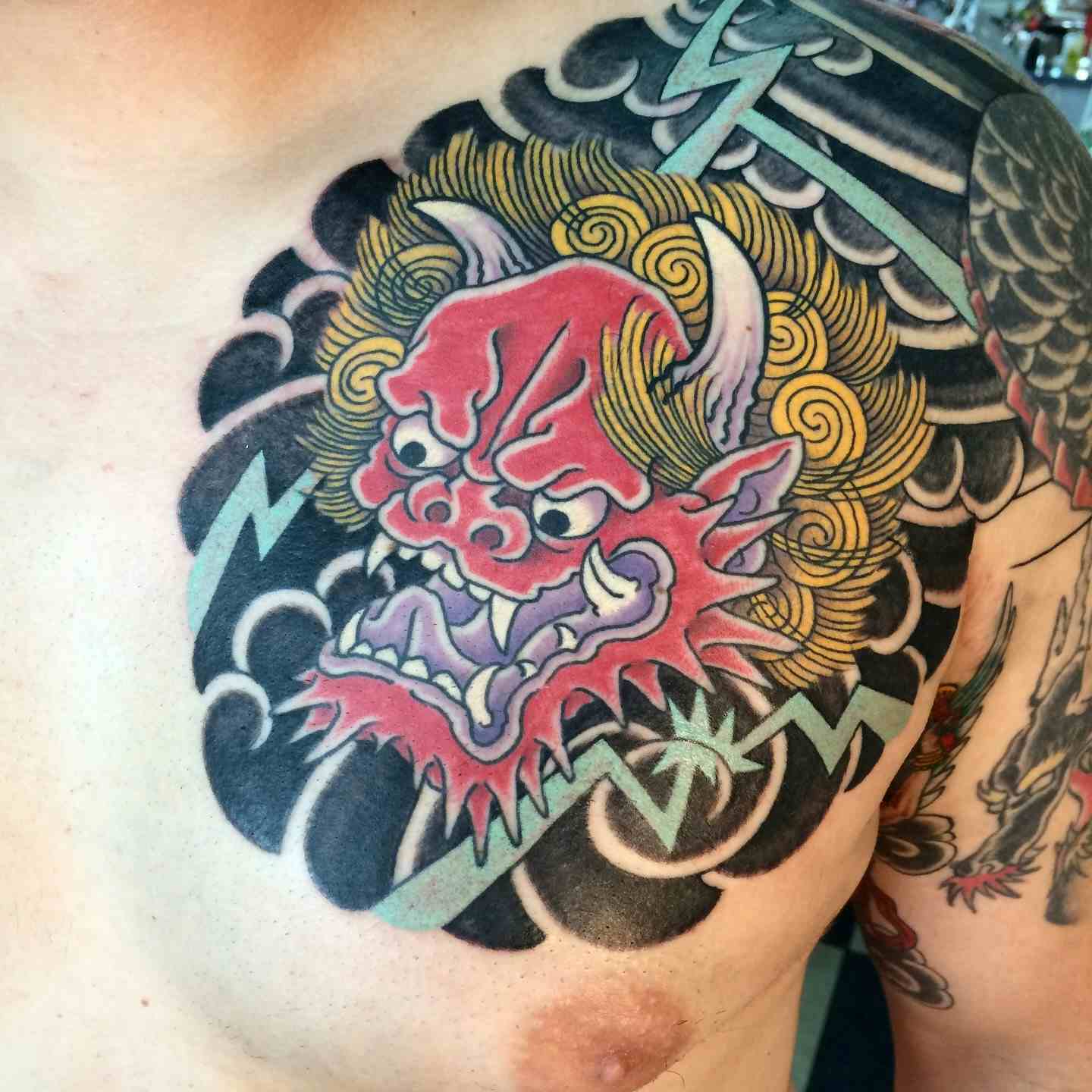 Japanese oni chest panel tattoo