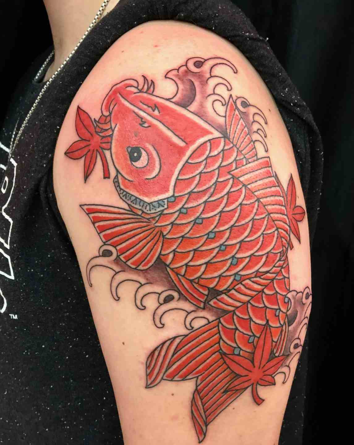Koi fish with maple leaves in water japanese tattoo