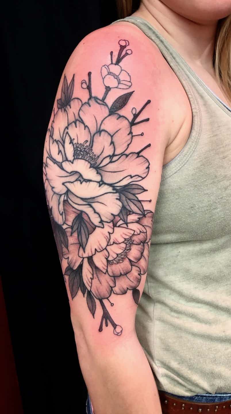 Peonies with blossom branch tattoo