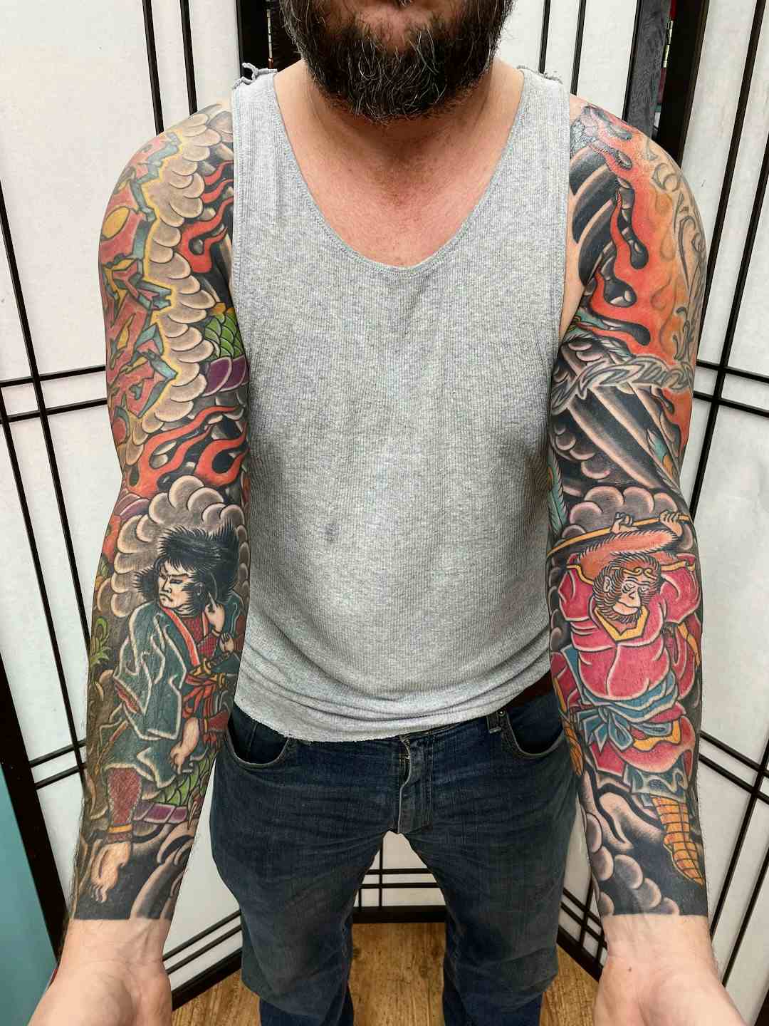 Japanese samurai warrior sleeve tattoo