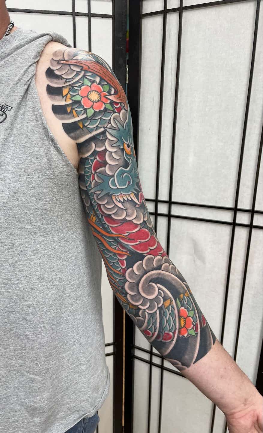 Dragon wind cherry blossom sleeve tattoo 2