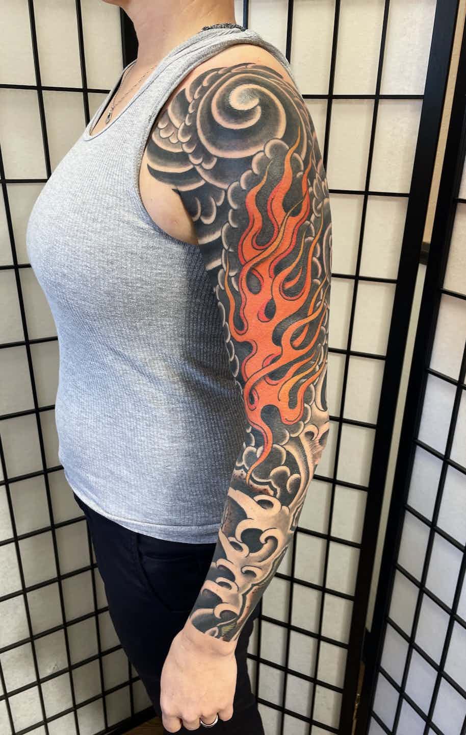Japanese wind water fire earth elements tattoo sleeve