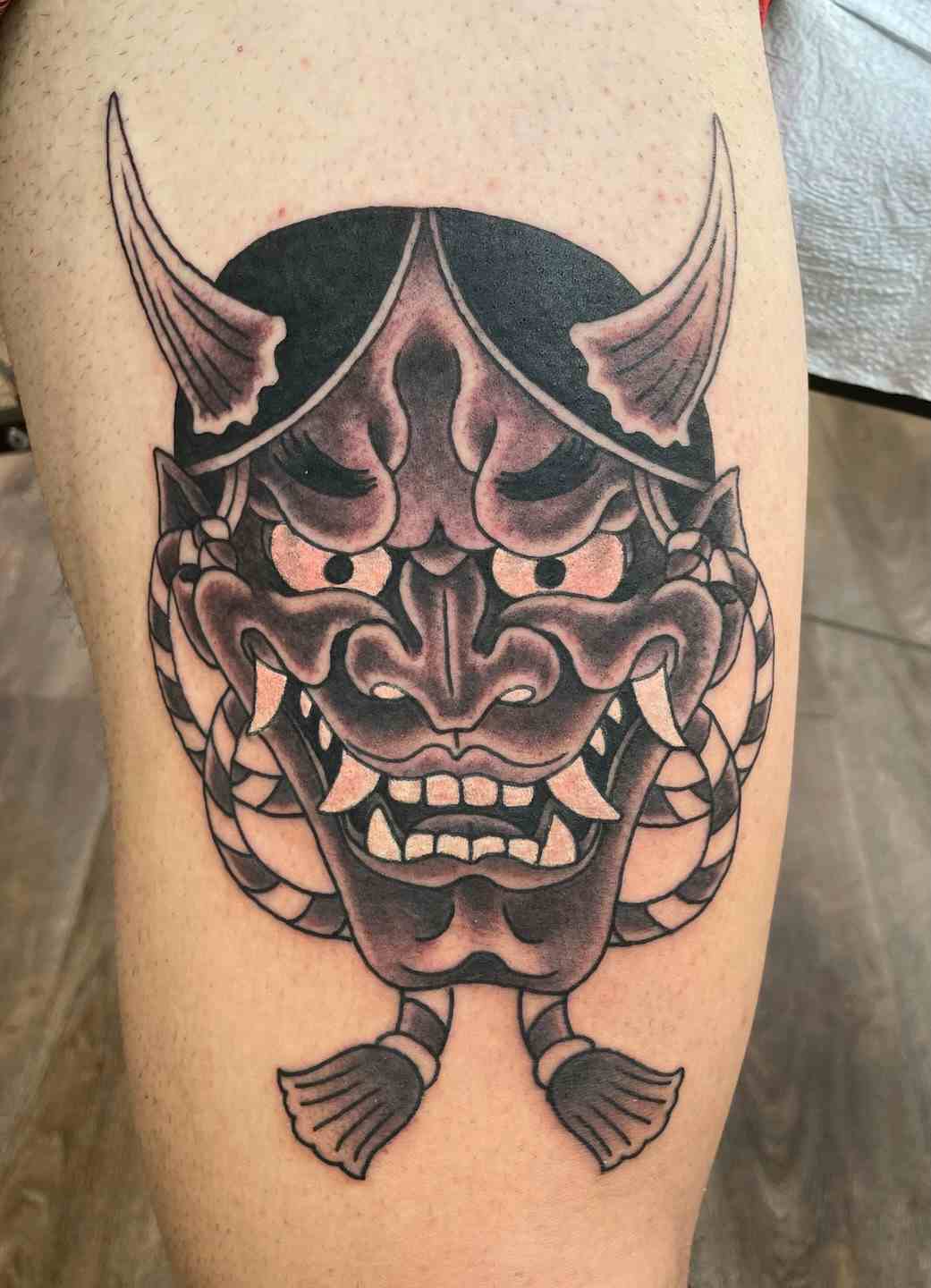 Black and gray hannya mask tattoo