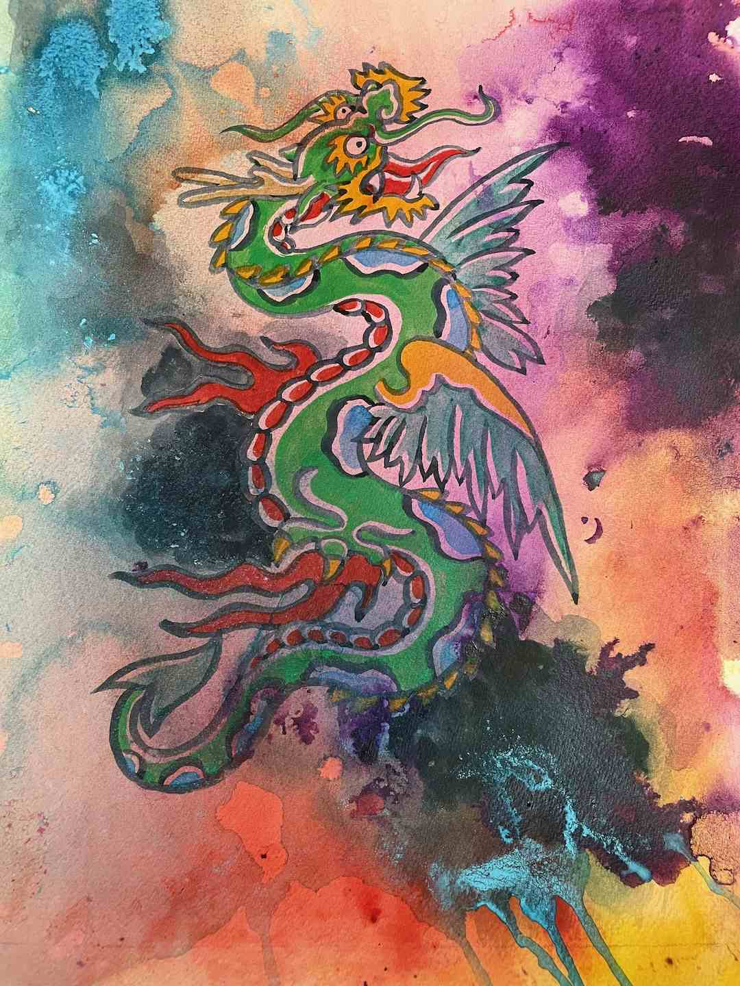 Cosmic dragon acrylic watercolor painting