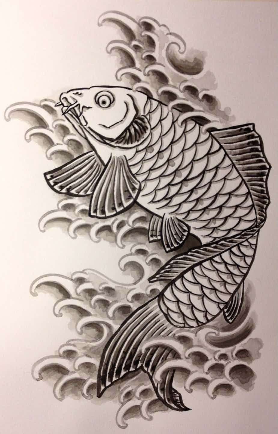 Black and gray koi fish art painting