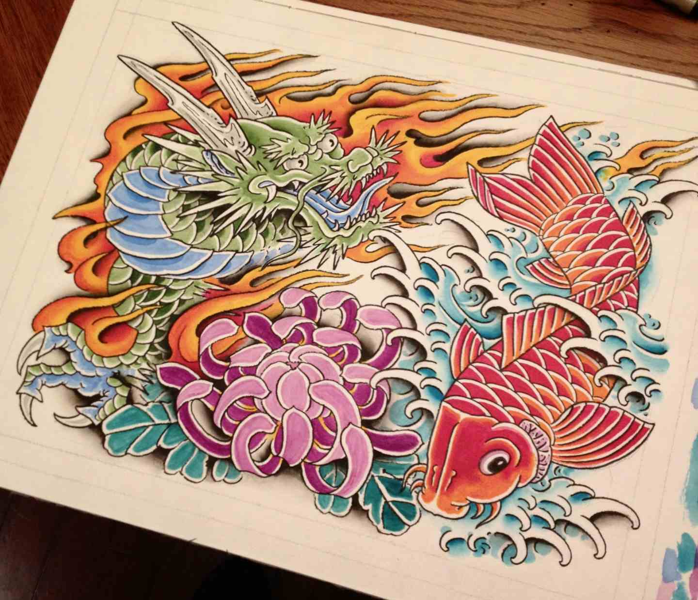 Dragon, koi fish, chrysanthemum flower flash painting