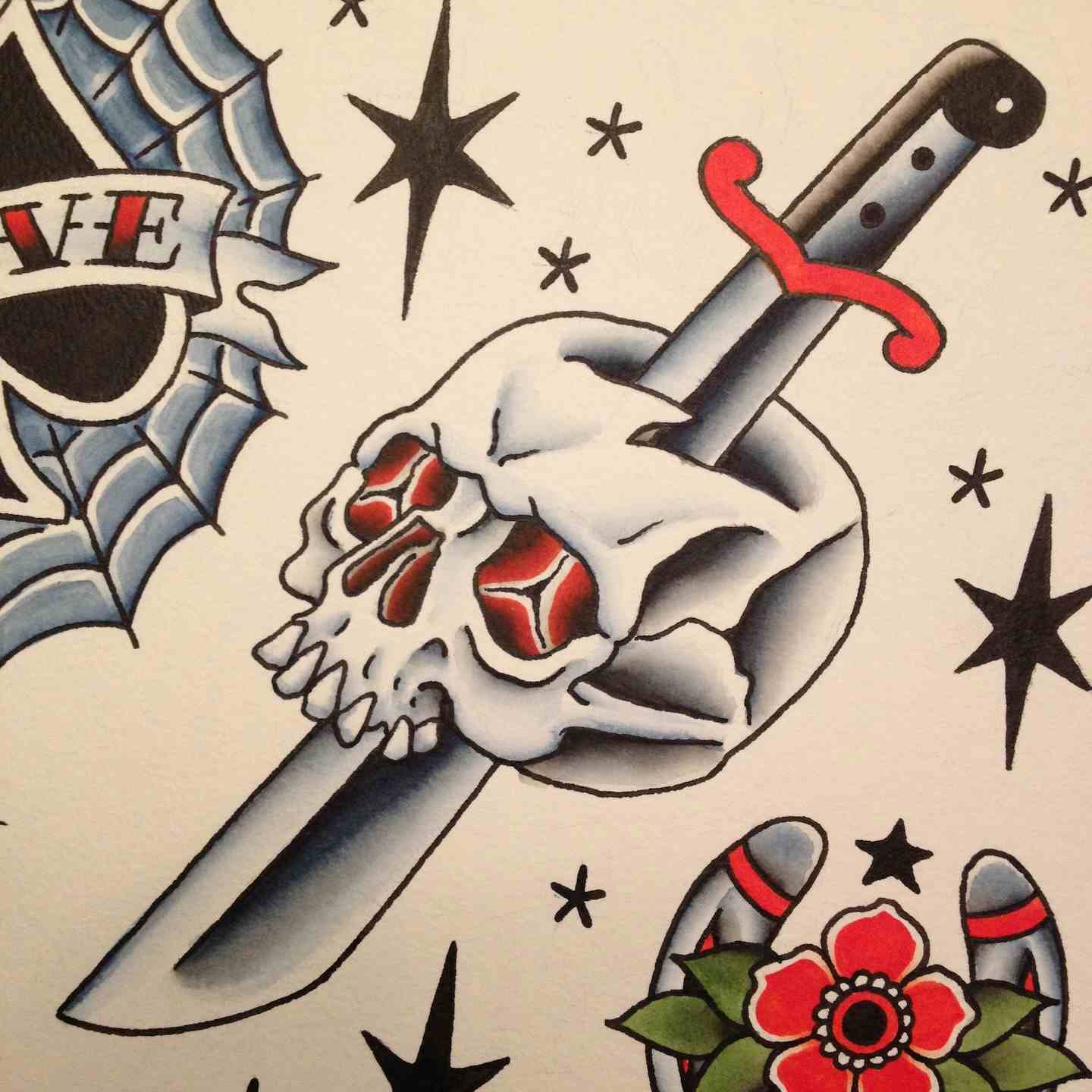 Skull dagger tattoo flash painting