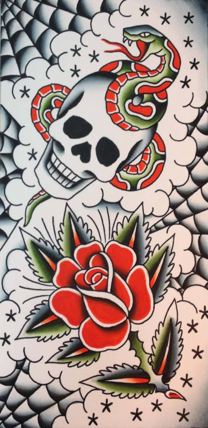 Skull and rose tattoo flash painting