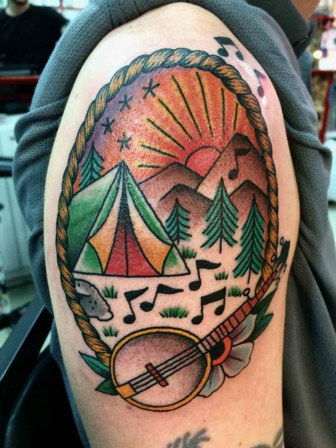 Banjo mountain camping tattoo