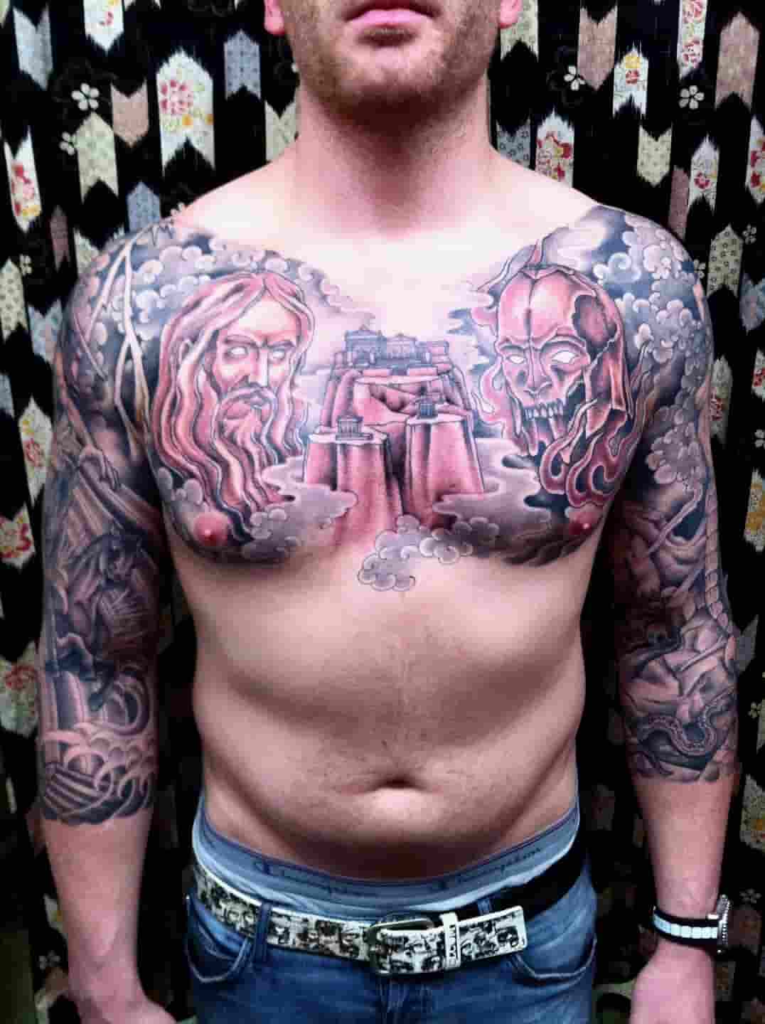 Greek mythology black and gray tattoo sleeve