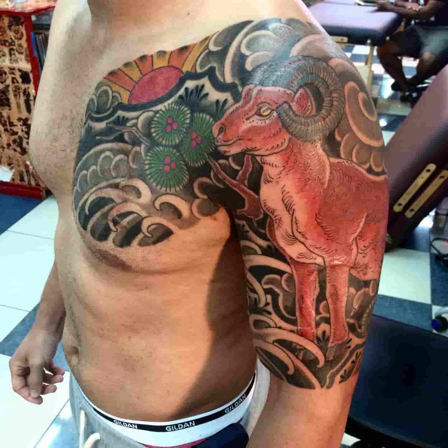 Ram mountains japanese sleeve tattoo