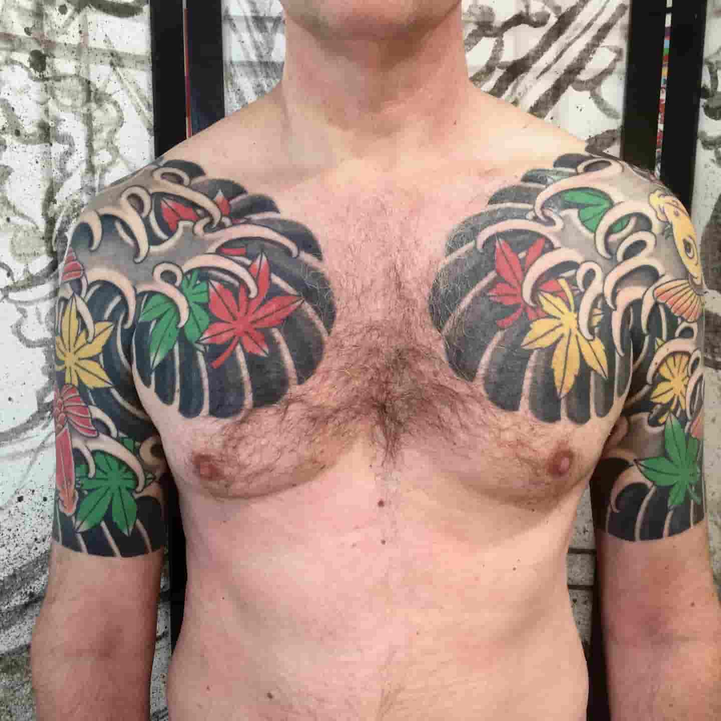 Japanese chest panel maple leaves in water tattoo