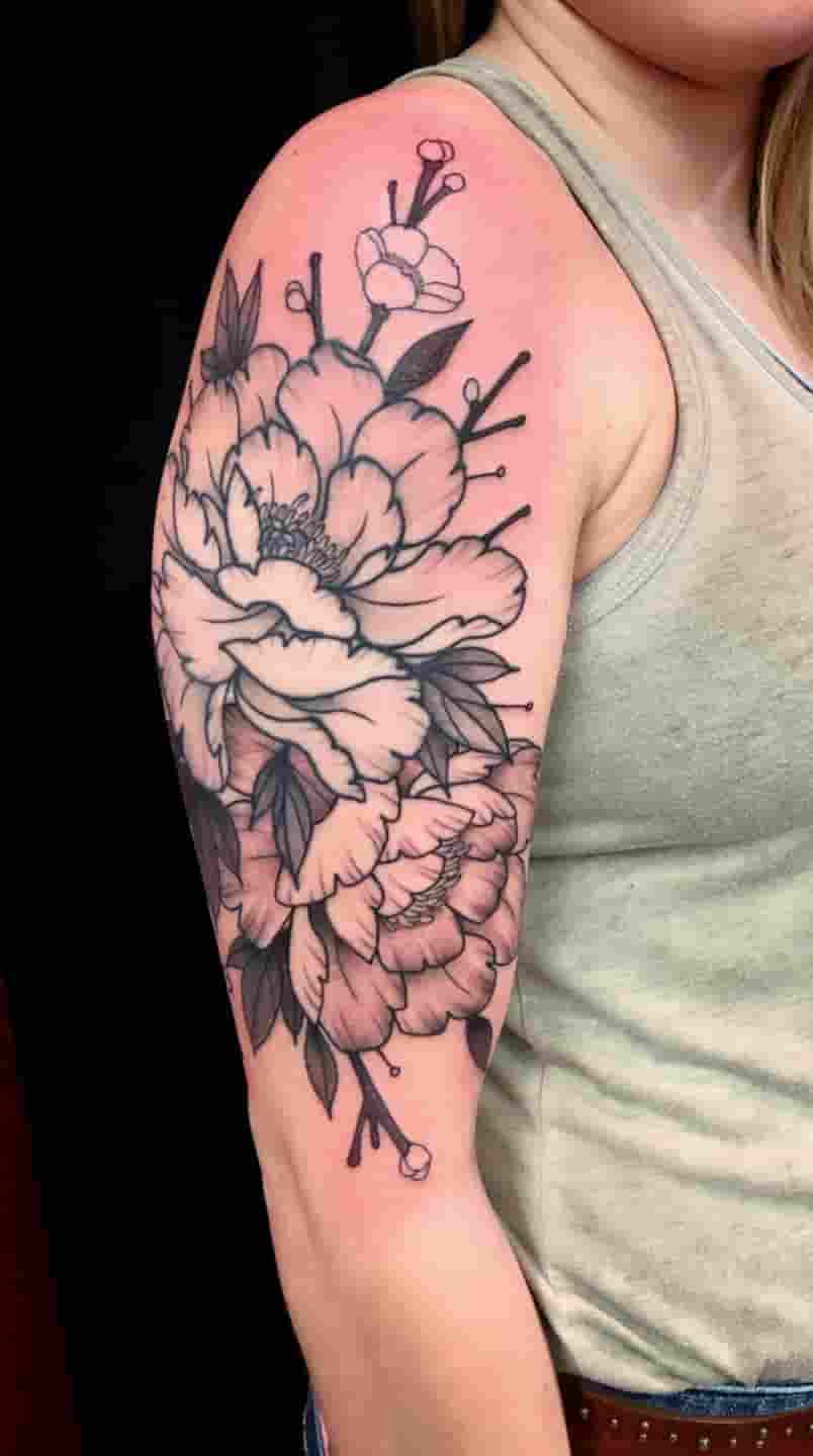 Peonies with blossom branch tattoo