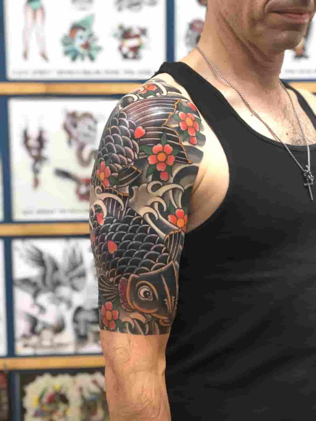 Japanese koi fish cherry blossom water half sleeve