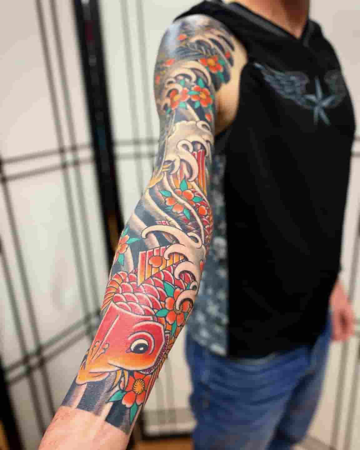 Red koi fish cherry blossom water japanese sleeve