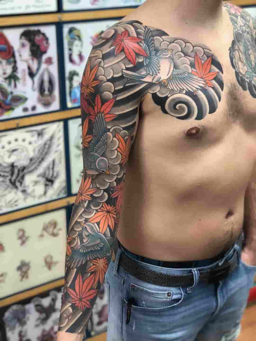 Japanese maple leaves birds wind sleeve tattoo