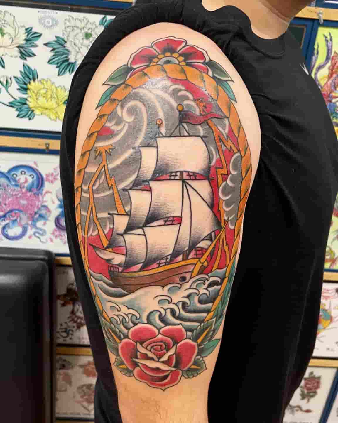 American traditional ship tattoo