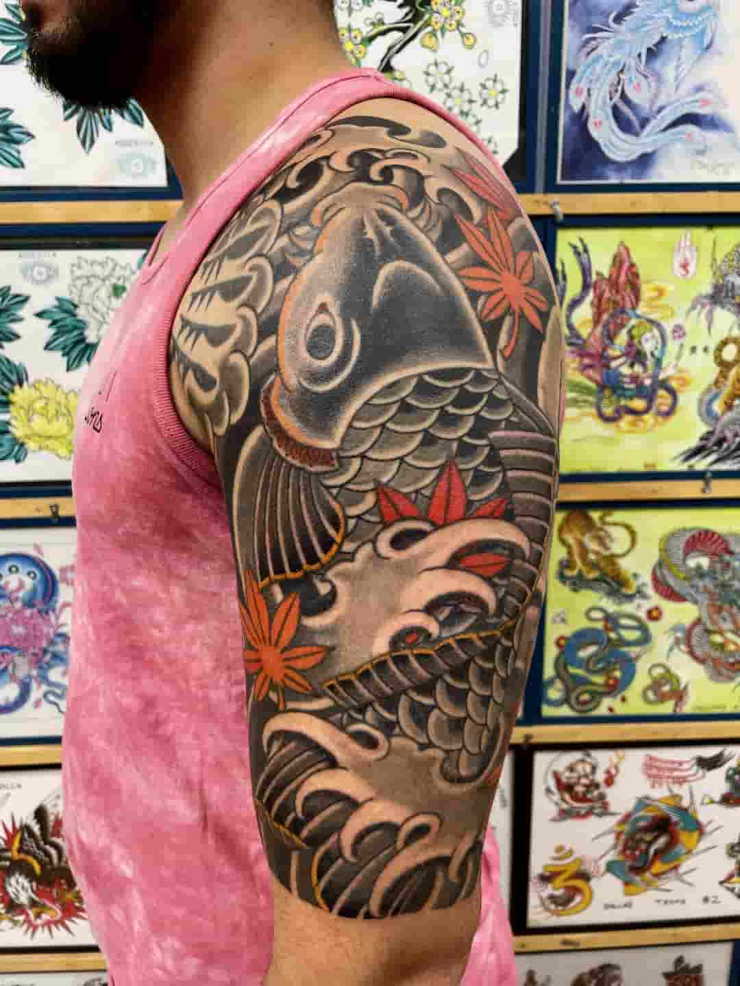 Japanese koi fish maple leaf water half sleeve tattoo