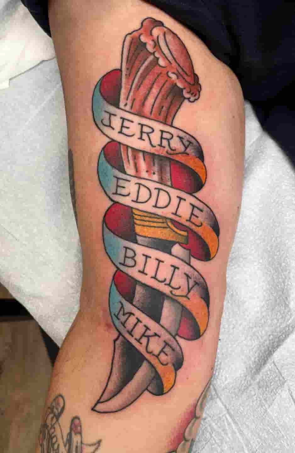 Traditional antler knife banner tattoo