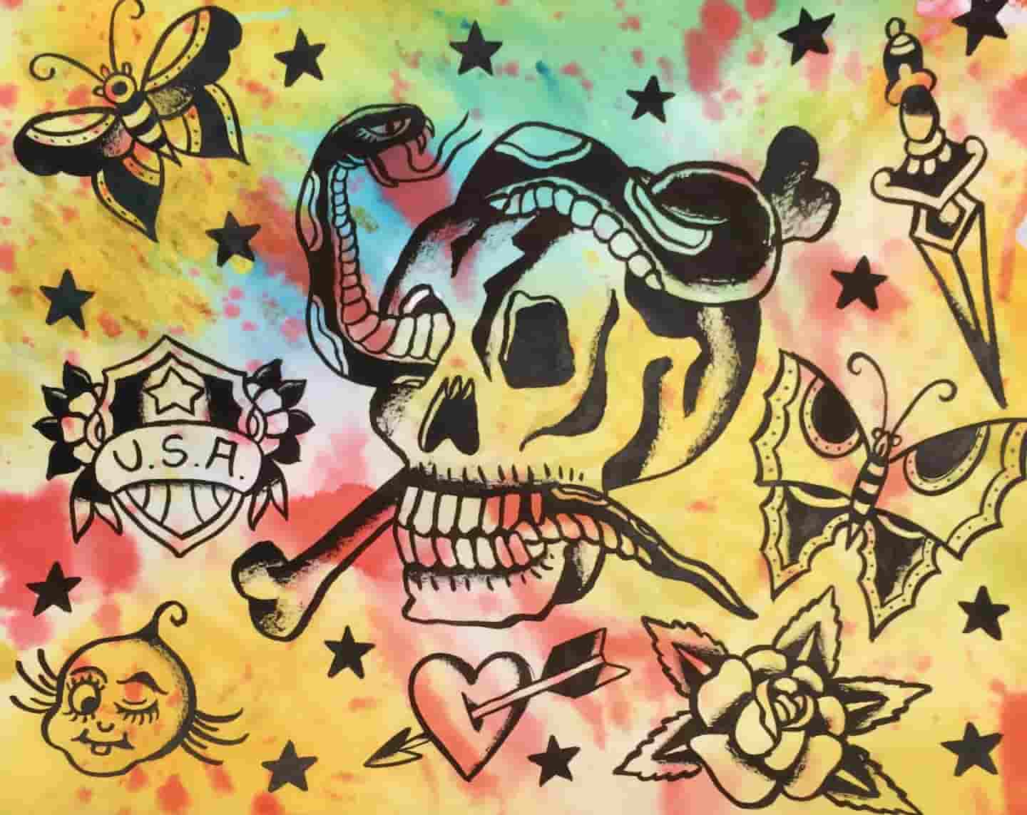 Watercolor tattoo flash painting